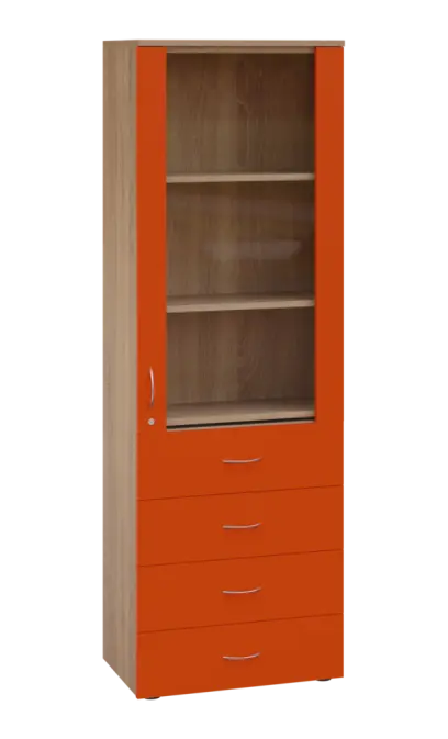 LE - 64 skříň léková prosklená, pravá, korpus dub bardolino, dvířka mandarinka